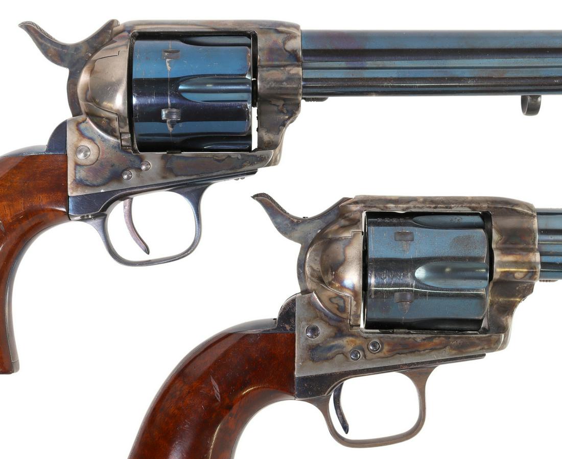 (2) CIMARRON COLT SAA .45 CALIBER REVOVLERS & CASE: (lot of 2) Cimarron Colt U.S. SAA revolvers, .45 caliber, one with 7.5" barrel, one with 5.5" barrel, blade front sight, six round cylinder, gloss blue barrel, cylinder, trigger guard, and straps, cas