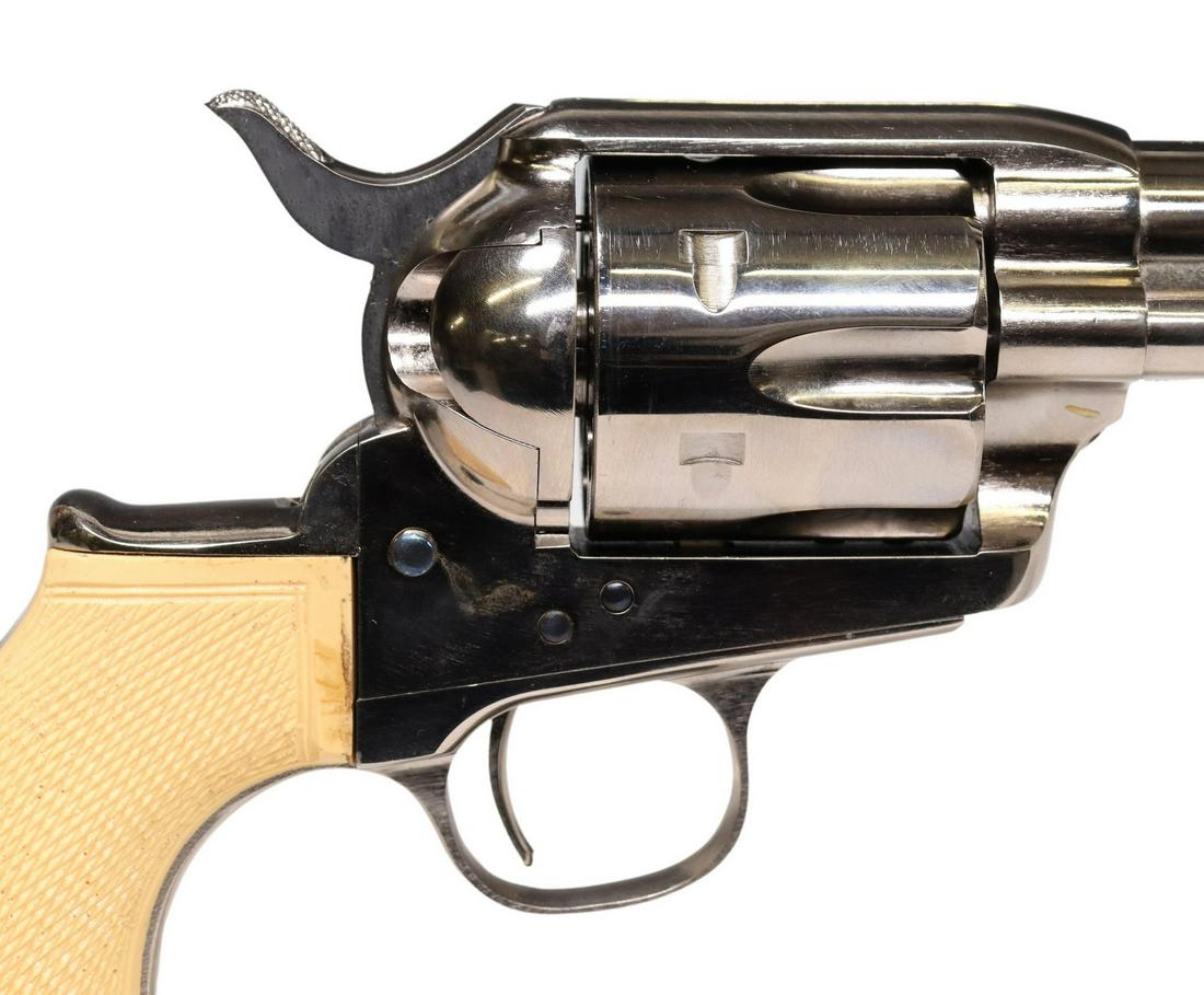 UBERTI COLT BIRDS HEAD THUNDERER REVOLVER .45LC: Uberti Italian Cimarron Colt Thunderer Birds Head Grip revolver, nickel finish, .45LC caliber, 4.75" barrel, blade front sight, six round cylinder, white checkered grips, comes with original Uberti bo