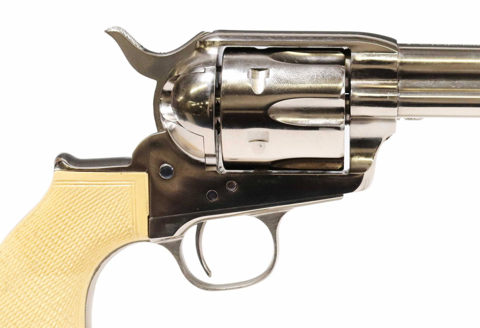 UBERTI COLT BIRDS HEAD THUNDERER REVOLVER .45LC: Uberti Italian Cimarron Colt Thunderer Birds Head Grip revolver, nickel finish, .45LC caliber, 4.75" barrel, blade front sight, six round cylinder, white checkered grips, comes with original Uberti bo