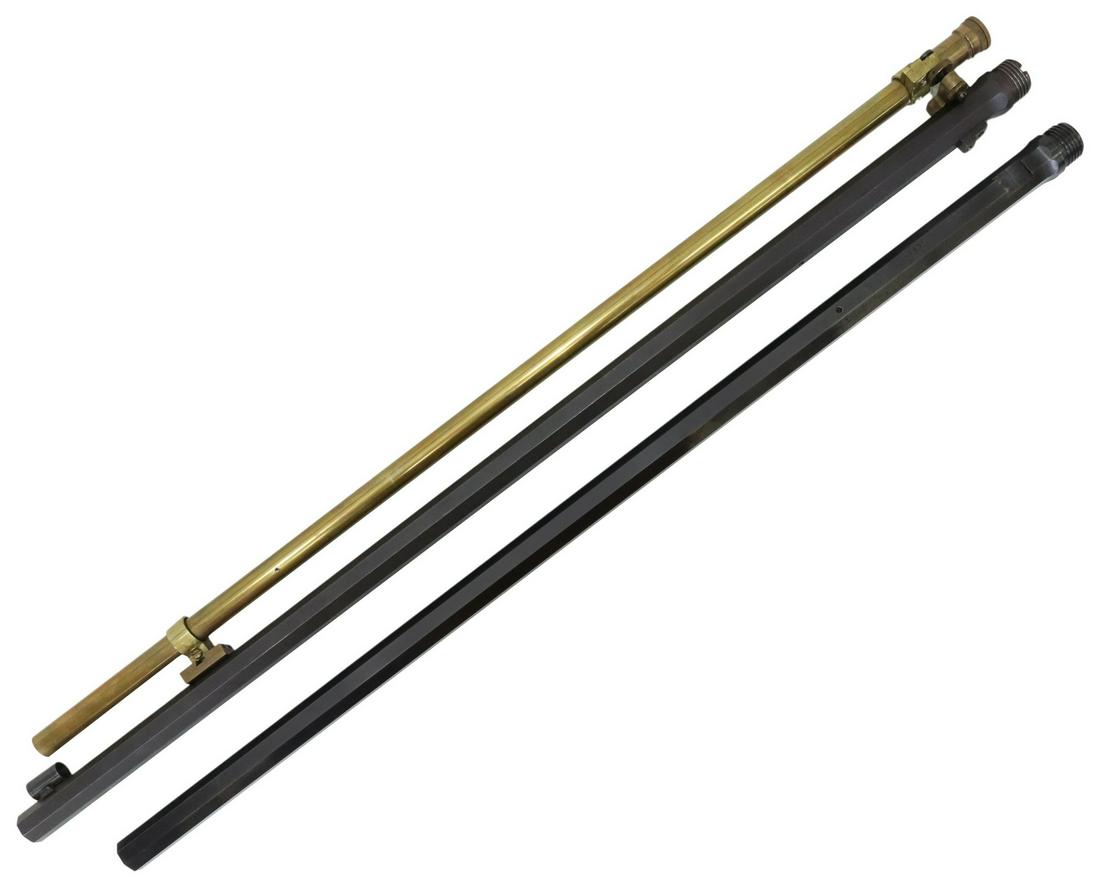 (2) SHILOH SHARPS BARRELS, 45 & 50 CAL & SCOPE: (lot of 2) Sharps reproduction barrels: (1) 34"l (including threads) screw in octagonal barrel with mounted 32.5" brass Tasco "860 Replica" scope, the barrel marked at the top "Old Reliable","Shiloh R