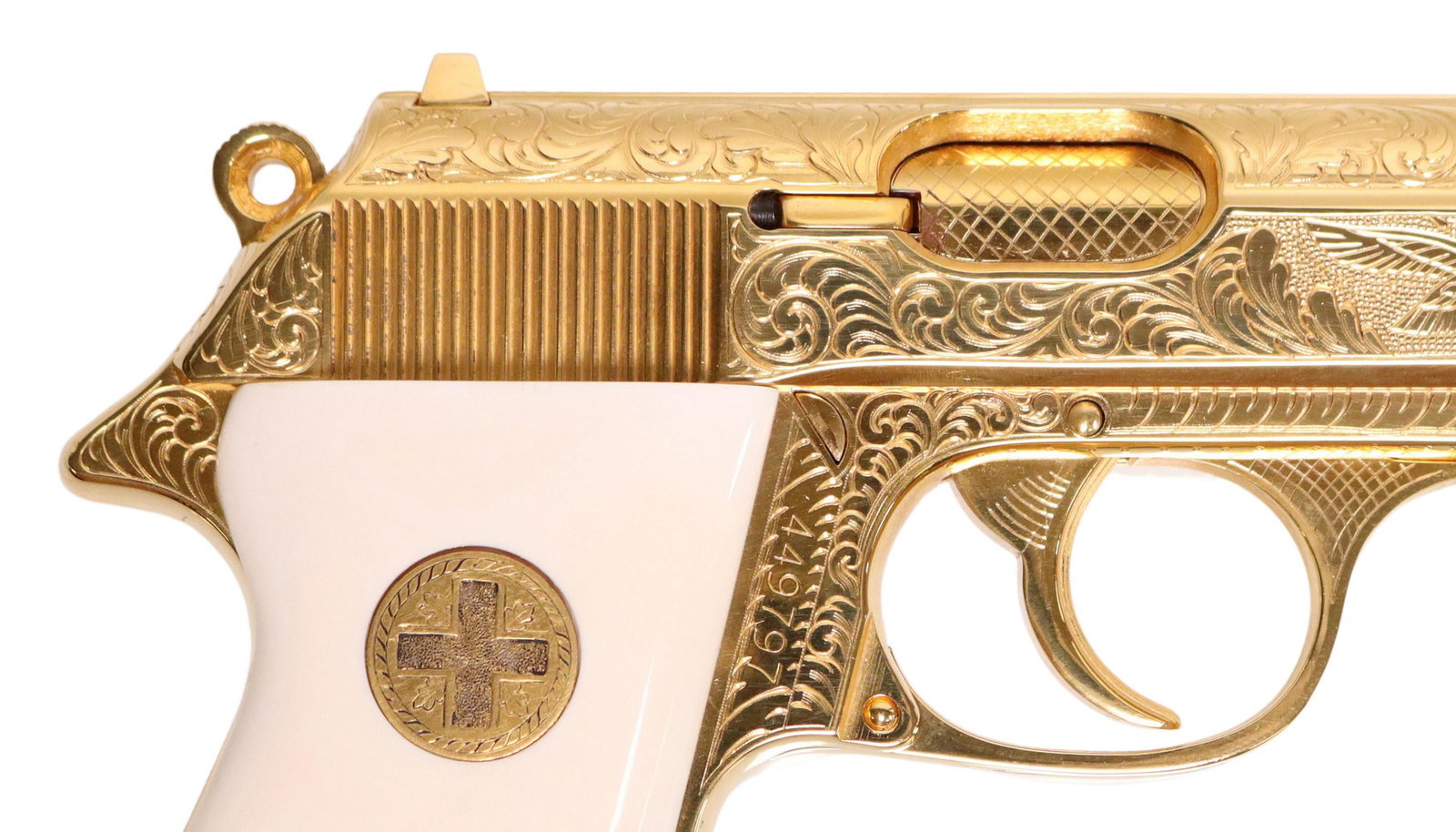 WALTHER PP PISTOL, ENGRAVED, GOLD PLATE, #2 OF 50: Walther Model PP Semi-Automatic pistol, highly engraved "by hand, the grip inlay 24kt gold, the pistol plated with 24kt gold, marked at left side "Carl Walther Waffenfabrik Ulm/Do., Modell PP Cal. 7,6