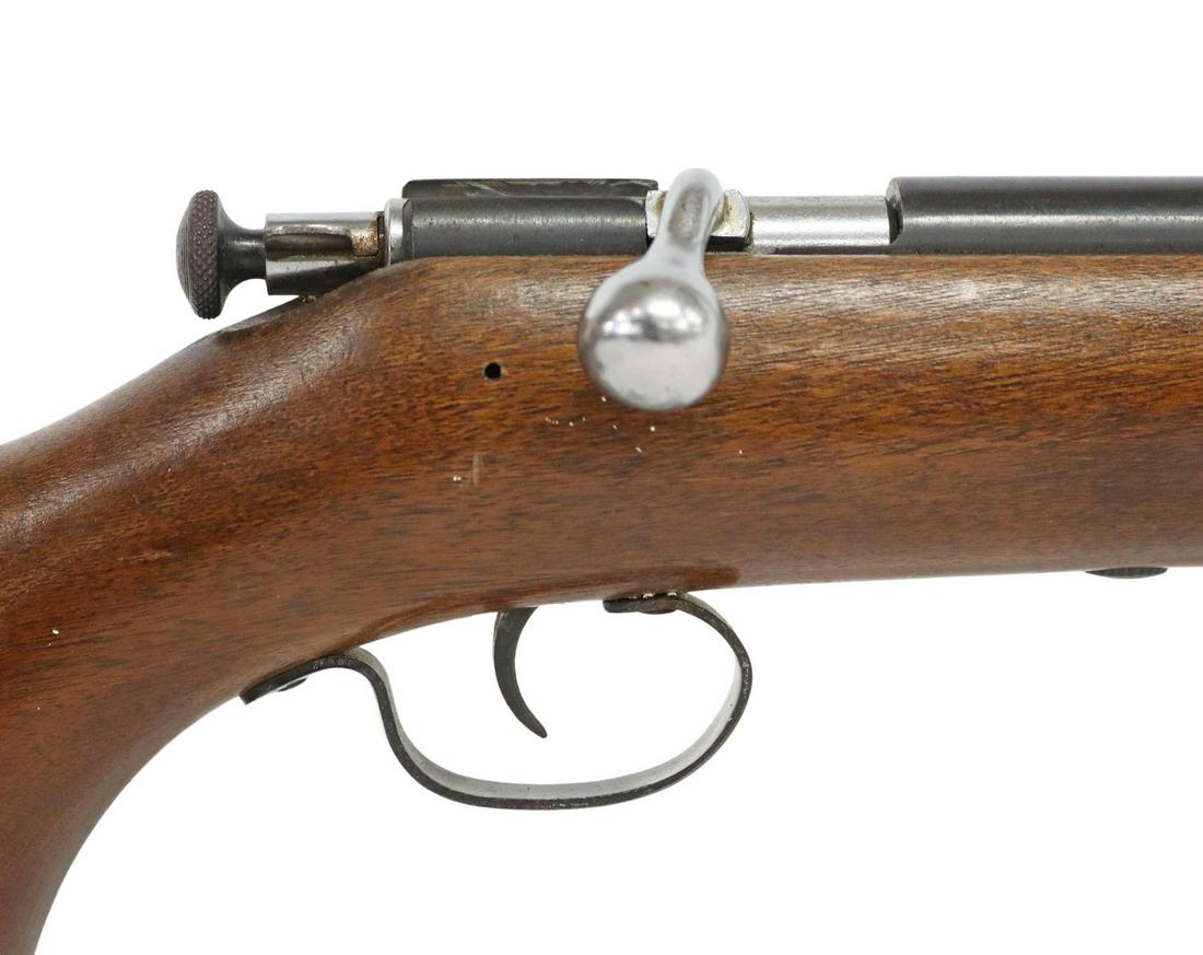 WINCHESTER M67A SINGLE .22 CALIBER RIFLE, 20" BRL: Winchester Model 67A rifle, bolt action, .22S,L,LR, 20" barrel, blade front sight, adjustable rear sight, pull cocking knob, hardwood stock, wood with some rubs, medal in good condition with several r