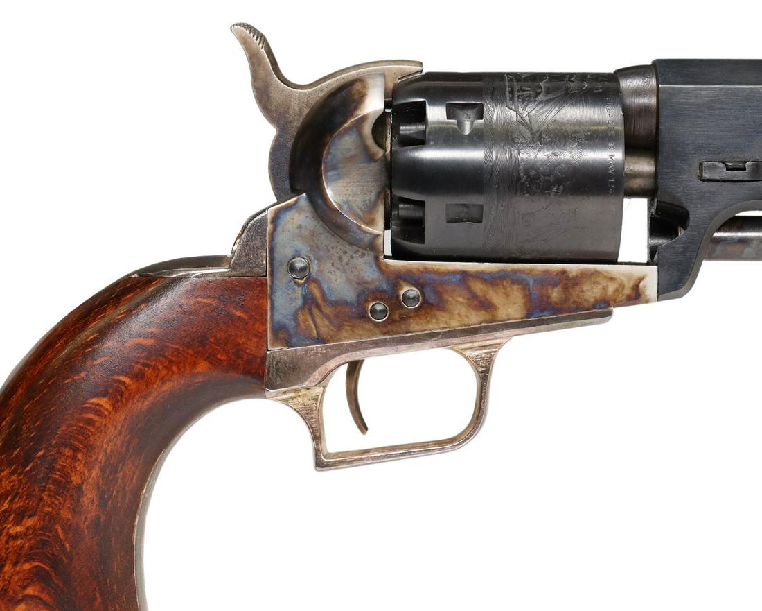 ARMI SAN MARCO ITALIAN BLACKPOWDER 1851 COLT NAVY: Armi of San Marcos, Italy, blackpowder pistol, 1851 Colt Navy, .36 caliber, 7.5" octagonal barrel, case hardened frame, six round cylinder with Texas Navy and Mexico battle, wood grips with inspection