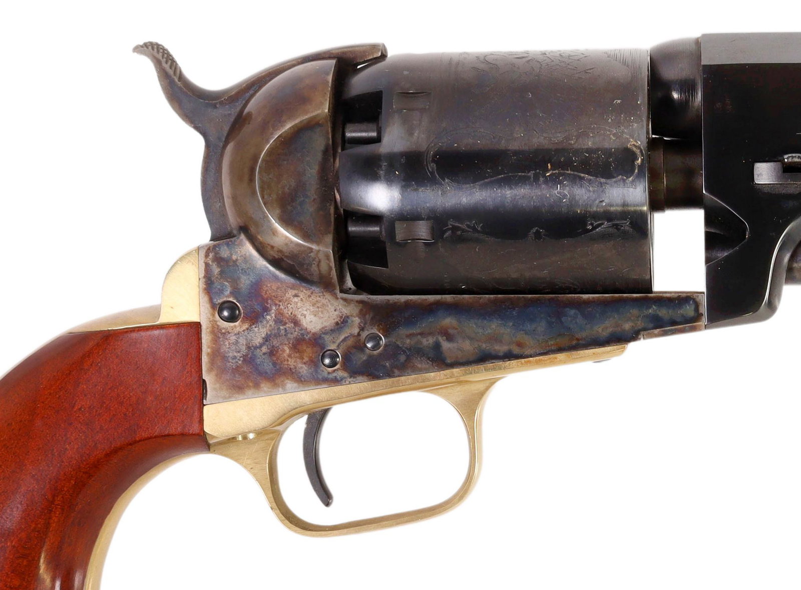 UBERTI COLT BLACKPOWDER DRAGOON REVOLVER: Uberti Colt Dragoon Blackpowder Revolver, .44 caliber, 7.5" part octagonal, part round barrel, blade front sight, case hardened frame, six round cylinder with engraved Texas Ranger-Indian fight, brass