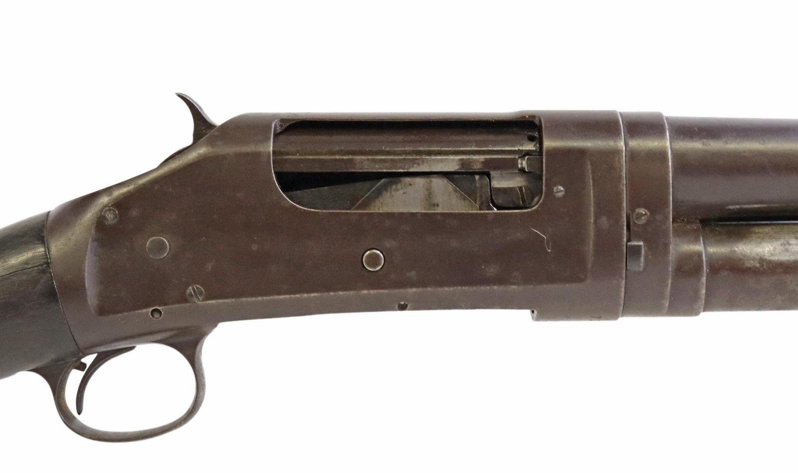 WINCHESTER M0DEL 97 SHOTGUN, 12 GAUGE PUMP: Winchester Model 97 shotgun, Mfg. 1924slide action, 12 gauge, 28" barrel, modified choke, Winchester butt plate, wood with many old dents, chipped on right near trigger guard, metal with scratches, mo
