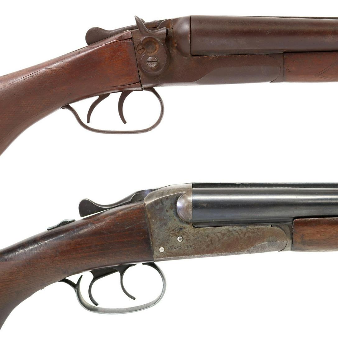 (2) VINTAGE STEVENS SHOTGUNS, 20 & 12 GAUGE: (lot of 2) Vintage shotguns: (1) Stevens Model 311A double barrel shotgun, 20 gauge, 2.75" shells, double triggers, slide safety, hardwood stock, metal with finish loss, some light surface rust, wood