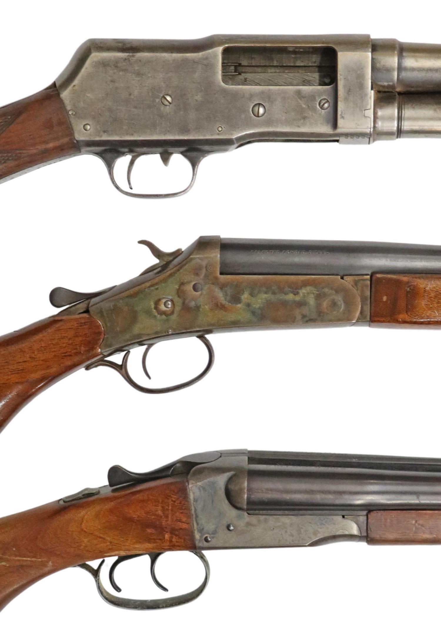 (3) VINTAGE SHOTGUNS, HIGGINS, STEVENS, WARDS: (lot of 3) Vintage shotguns: (1) J.C. Higgins Model 101.7 Shotgun by Savage Stevens (Model 311), side by side double barrel, 16 gauge, 18.25" barrels, raised rib with bead sight, double triggers, hard