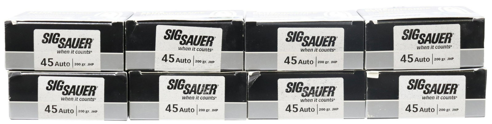 (160) AMMO, SIG SAURE .45 AUTO CARTRIDGES: Ammunition: 160 rounds, Sig Sauer .45 Auto cartridges, 200 gr JHP, packaged in boxes of 20, each box 2.75"h, 3.25"w, 1.25"d, total: approx. 7.35lbs, for shipping cost check with Kevin, Postal Annex, 5