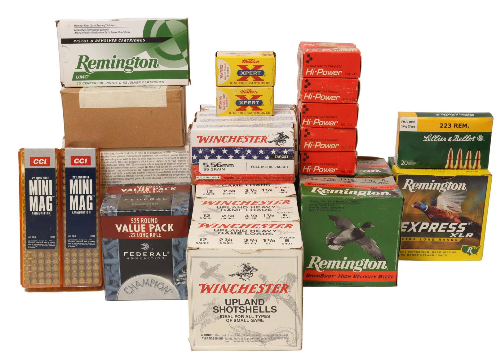 AMMO MIXED CALIBERS 7.62, 5.56, .223, 12GA, 45, 22: Ammunition, Mixed Calibers: (80 RNDS) Winchester 7.62 x 39MM, 123 Gr., FMJ; (80 RNDS) Winchester 5.56MM, 55 gr., FMJ; (50 RNDS) Remington, .45 Auto, 230 gr., JHP; (20 RNDS) Lellier & Bellot, .223 REM,