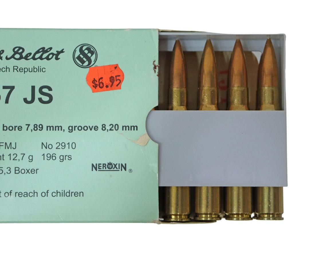 (90 ROUNDS) AMMUNITION, 8 X 57, 7.62 X 39: (90 rounds) Ammunition: (40) Sellier & Bellot 8 X 57 FMJ 196 grain cartridges; (50) Wolf, 7.62 X 39 cartridges, likely Tula, Russia for shipping cost check with Kevin, Postal Annex, 512-331-5855 **NOT