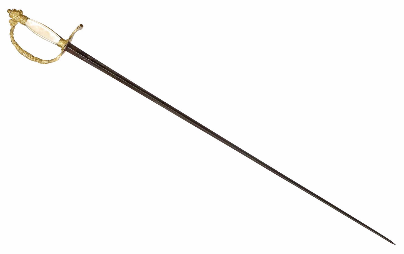 EUROPEAN 18TH/19TH C. TREFOIL RAPIER SWORD: Rapier sword, 18th/19th c., having a 30.25" trefoil blade, the ricasso of the flat side with gilt engraved arched parallel lines having undecipherable lettering, an ornate gilt guard with foliate embe