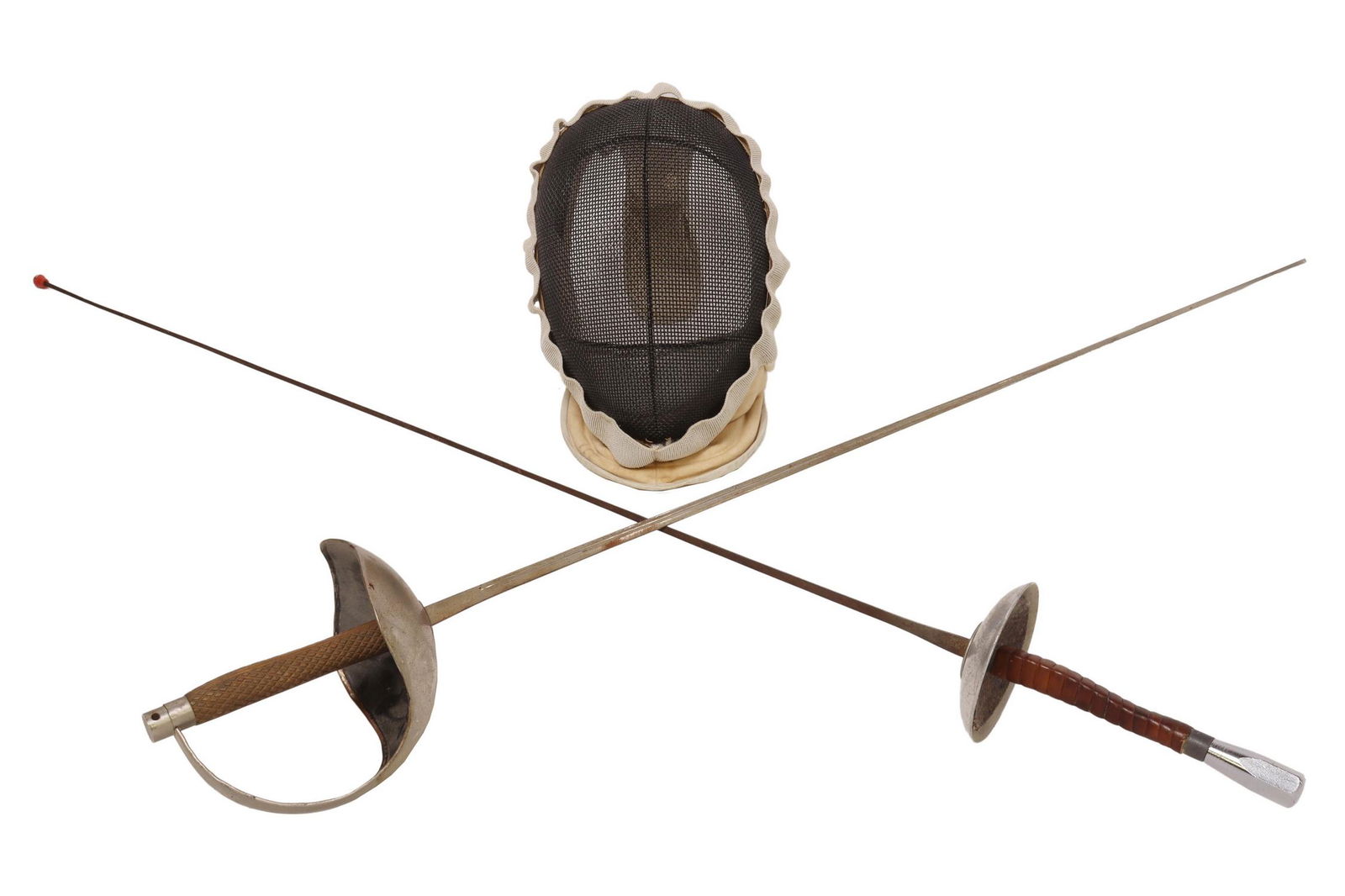 (3) FENCING EQUIPMENT, TOLEDO SABER, FOIL & MASK: (lot of 3) Fencing equipment, including: (2) foils/ sabers, (one) Toledo, marked made in Spain at blade, approx 41"l; (one) marked made in Italy, approx 43"l; (1) wire, leather, and cloth fencing mask