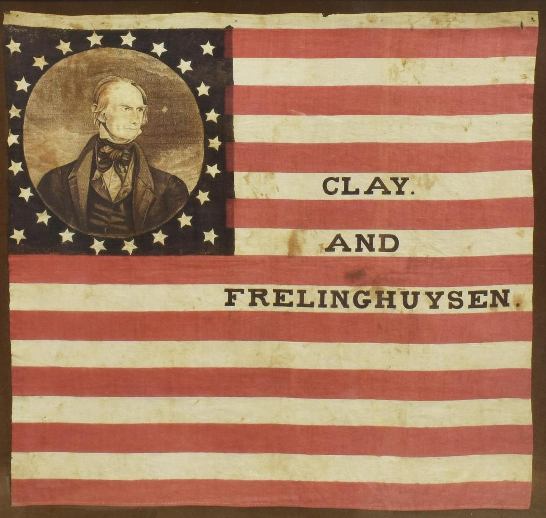 1844 HENRY CLAY FOR PRESIDENT CAMPAIGN FLAG BANNER: Shadowbox framed cloth campaign flag, "Clay and Frelinghuysen," the Whig party candidates running in the 1844 U.S. presidential election, Henry Clay (1777-1852) and Theodore Frelinghuysen (1787-1862) 