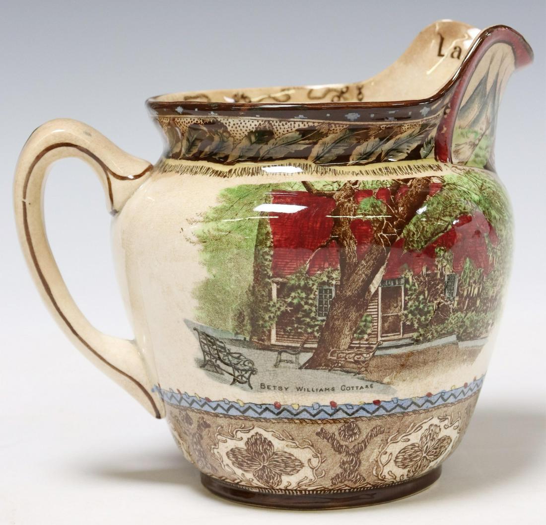 BUFFALO POTTERY LANDING OF ROGER WILLIAMS PITCHER: American transferware-printed earthenware pitcher, Buffalo Pottery and China, early 20th c., depicting the Landing of Roger Williams, unmarked, approx 6.25"h, 7.5"w, 5.5"d, 1.5lbs Start Price: $80.00
