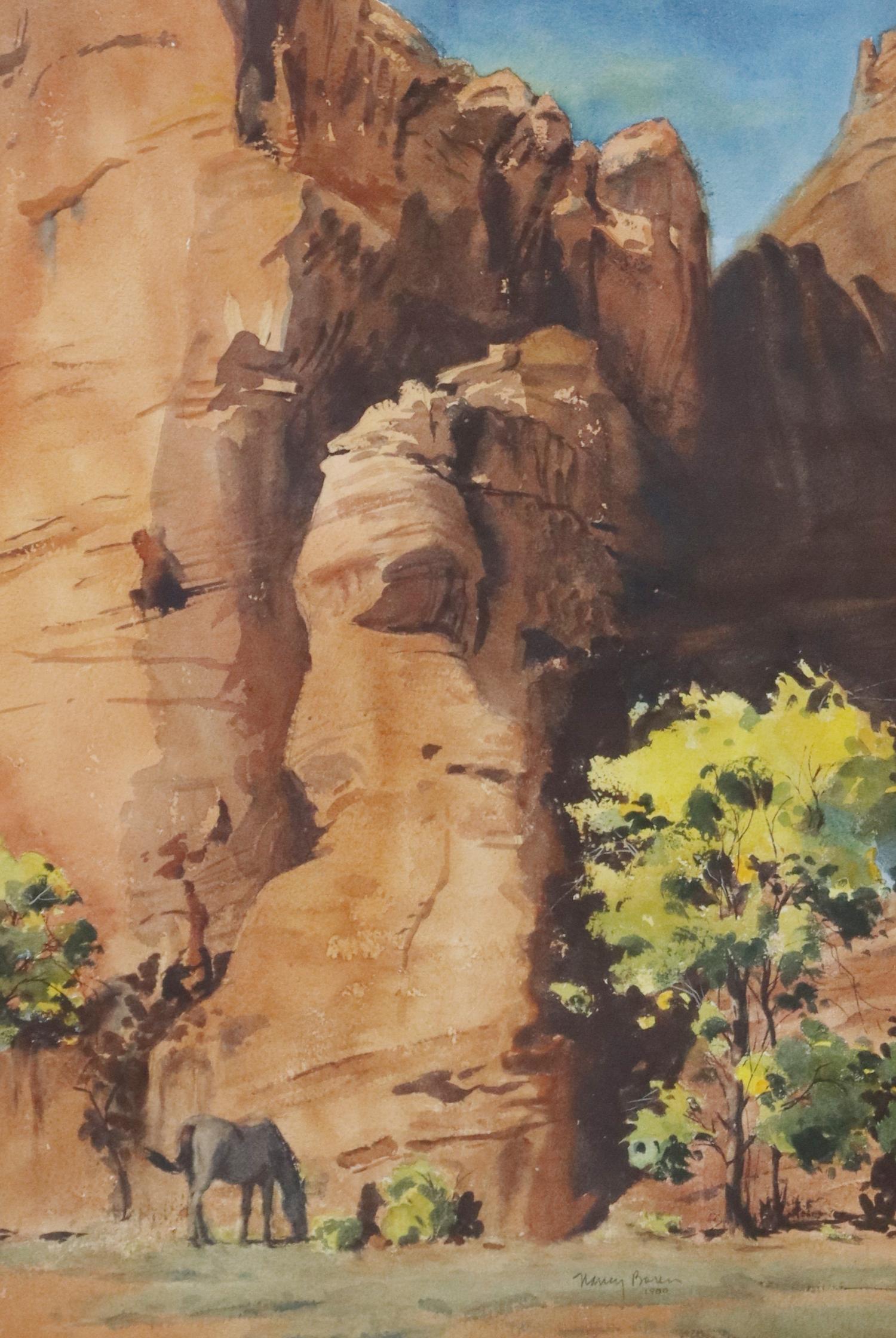 NANCY BOREN (B.1955) CANYON DE CHELLY WATERCOLOR: Framed watercolor painting on paper, "Canyon de Chelly," signed lower right Nancy Boren (American, b.1955), dated 1980, label verso for Troy's Cowboy Art Gallery, Scottsdale, Arizona, sight: approx 21