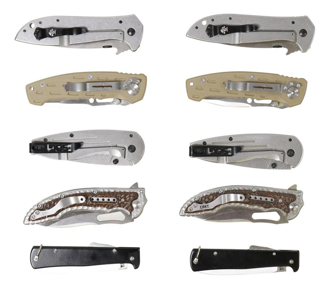 (10) POCKET KNIVES, CRKT, SOG, MERCACTOR, KERSHAW: (lot of 10) Pocket knives, all unused and not sharpened, most well lubricated: (2) CRKT, Fossil model #5470, 4" blade, flipper open; (2) SOG Aegis flipper knife, 3.38" blade, stainless steel, pocket c