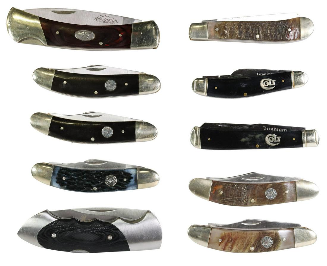 (10) COLT, S&W, REMINGTON, BROWING POCKET KNIVES: (lot of 10) Smith & Wesson, Colt , Remington and Browning pocket knives, all unused and not sharpened, most well lubricated: (2) S&W model #CK1029; (1) S&W model #CK1027; (2) S&W no model number, 3 bl