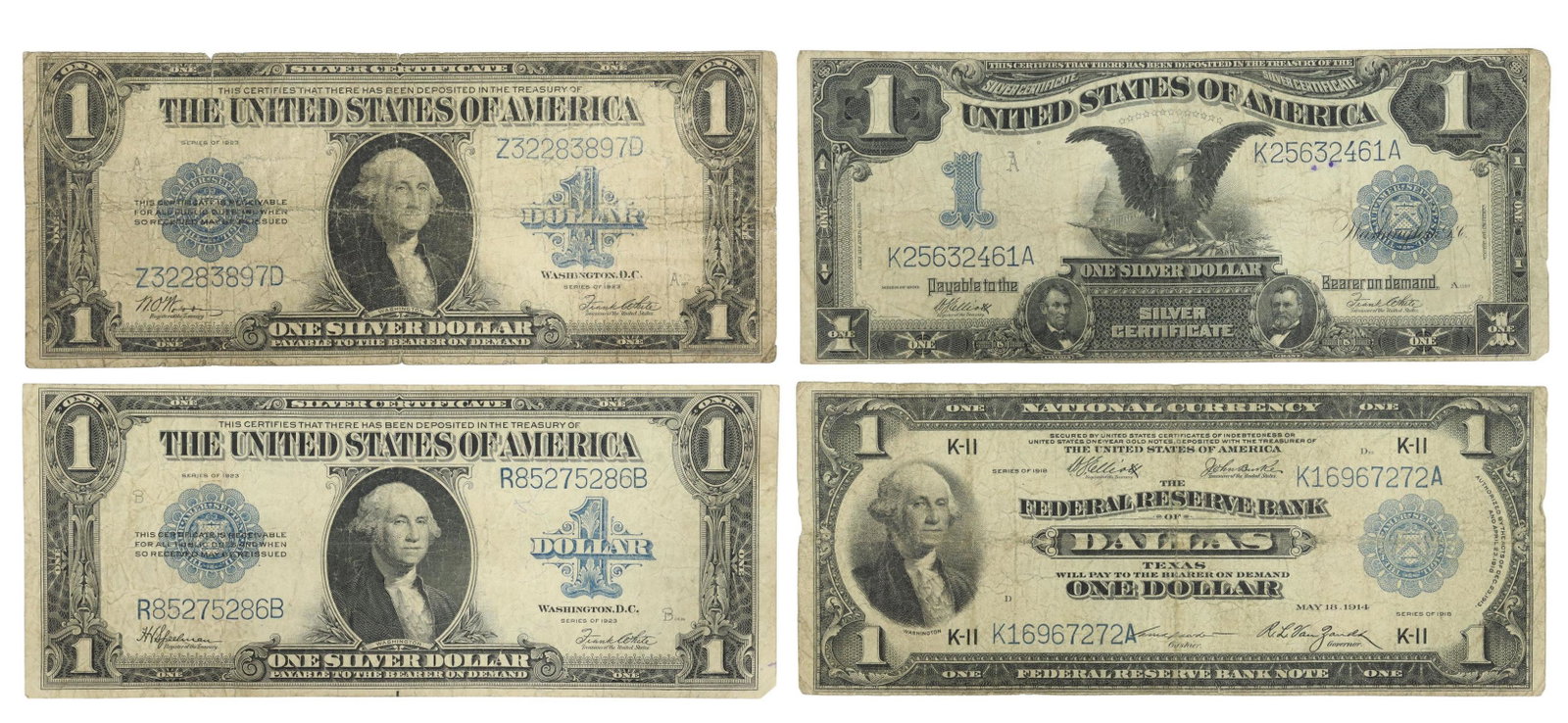 (4) U.S. $1 CURRENCY, SERIES 1899, 1918, 1923: (lot of 4) U.S. Currency, including: (1) Series of 1899 $1 Silver Certificate, black eagle, blue seal, sighed Elliott and White; (1) Series of 1918, National Currency, $1 note Federal Reserve Bank of 