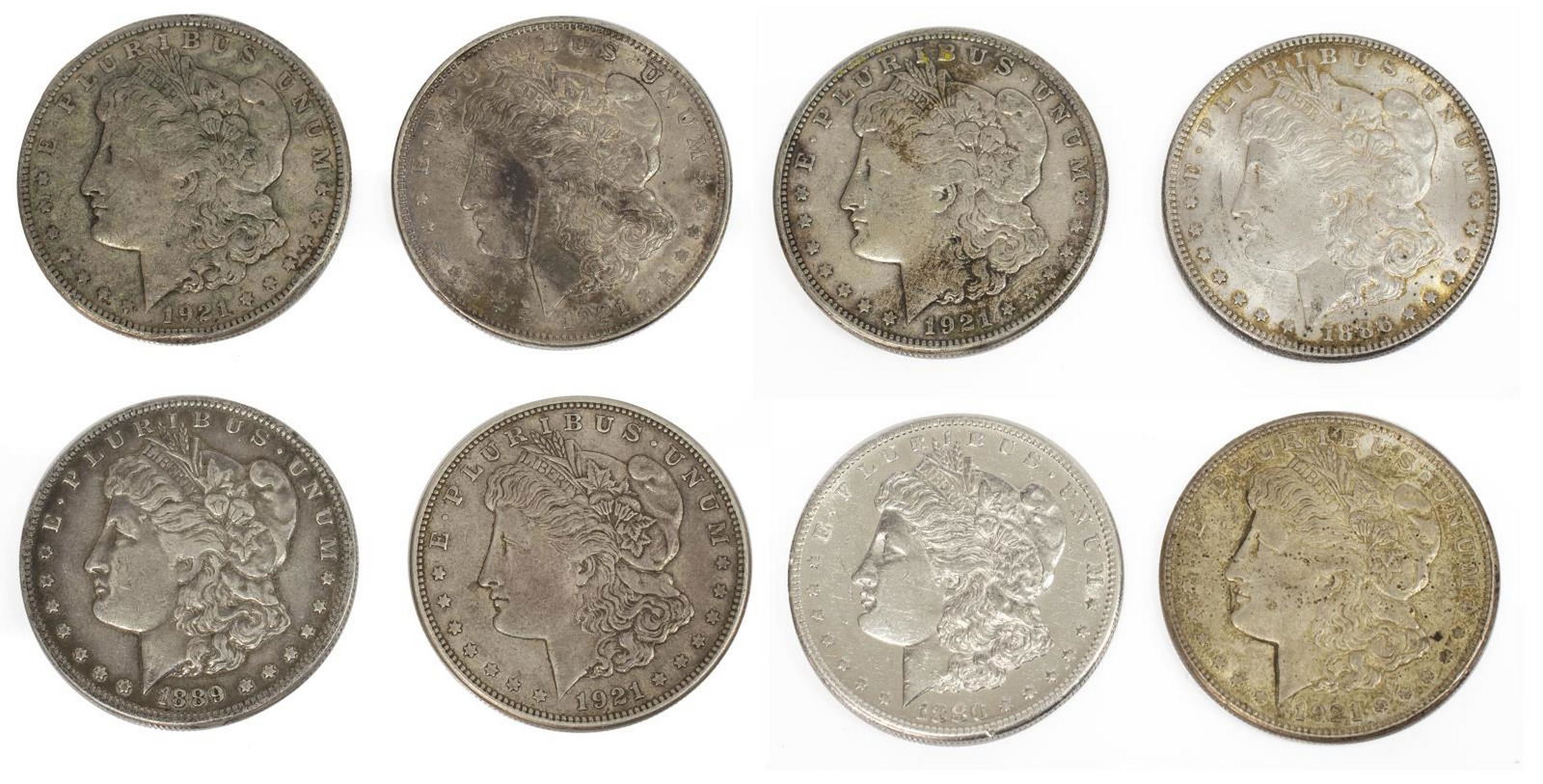 (8) U.S. MORGAN SILVER DOLLARS, MOST EF, AU: (lot of 8) U.S. Morgan Silver Dollars: (1) 1880S; (1) 1886; (1) 1889'O'; (1) 1921; (4) 1921S Start Price: $100.00