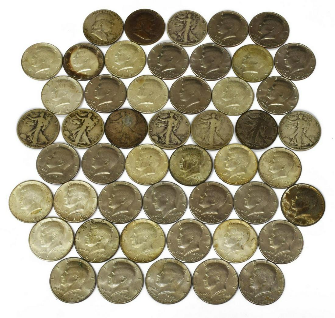 49) US HALF DOLLARS, WALK LIBERTY, KENNEDY 64 MORE: (lot of 49) U.S. Half Dollars: (1) 1936; (1) 1943; (3) 1944; (2) 1945; (1) Liberty Walking worn unreadable; (1) 1954; (1) 1960; (12) Kennedy 1964 half dollars; (4) 1966; (1) 1967; (1) 1968; (21) 1776-