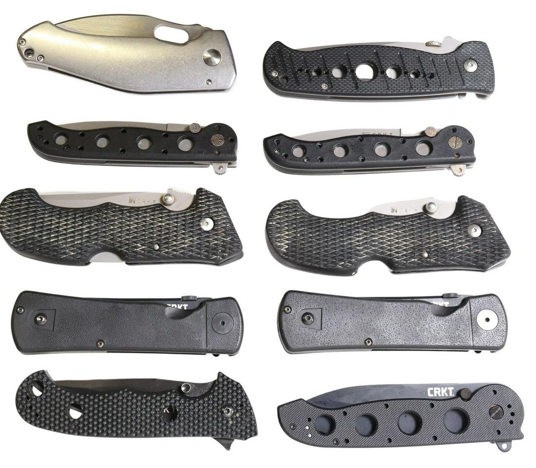 (10) CRKT KNIVES, NOT USED, NOT SHARPENED: (lot of 10) CRKT, Columbie River Knife & Tool Co. pocket knives, all unused and not sharpened, most well lubricated: (2) CRKT Carson Design model #M16-13Z; (2) Hisasatsu Folder, Williams Design' (1) C
