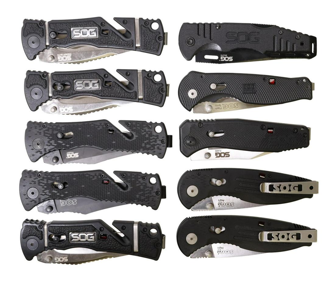 (10) SOG POCKET KNIVES, NOT USED, NOT SHARPENED: (lot of 10) SOG pocket knives, all unused and not sharpened, most well lubricated: (1) SOG Flare, (3) SOG Trident Elite; (2) SOG Aegis; (2) SOG Trident; (1) SOG Flash Tanto; (1) SOG Salute Start Price