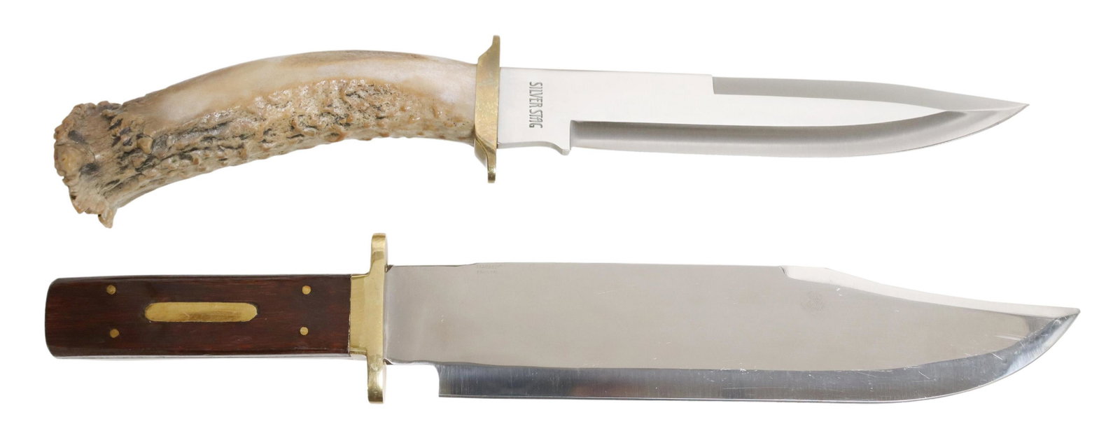 (2) BOWIE KNIVES, ONE SILVER STAG, BOTH LIKE NEW: (lot of 2) Bowie style knives: (1) Silver Stag, 8.25" blade with maker name at ricasso, stag like handle, overall: approx. 14.5"l; (1) unsigned, 10,5" blade, brass guard, four pin wood handle, both ap