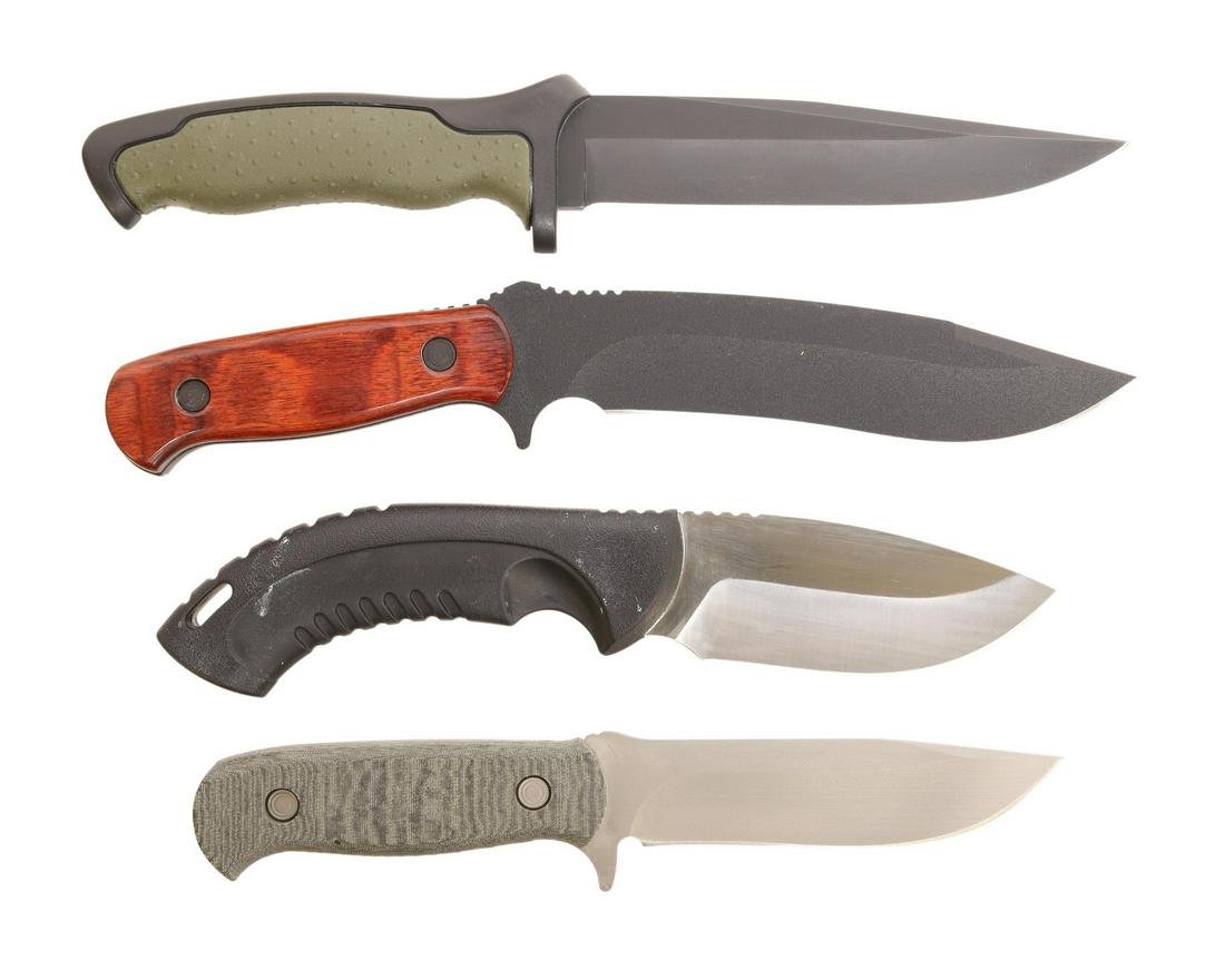 (4) BUCK FIXED BLADE KNIVES, NOT USED, LIKE NEW: (lot of 4) Buck fixed blade knives with sheaths, like new, unused, not sharpened: (1) Buck 620E, black matte 6.75" blade, rosewood handle. (1) Buck 392-1, black rubberized grip; (1) Buck 632, 5" blade