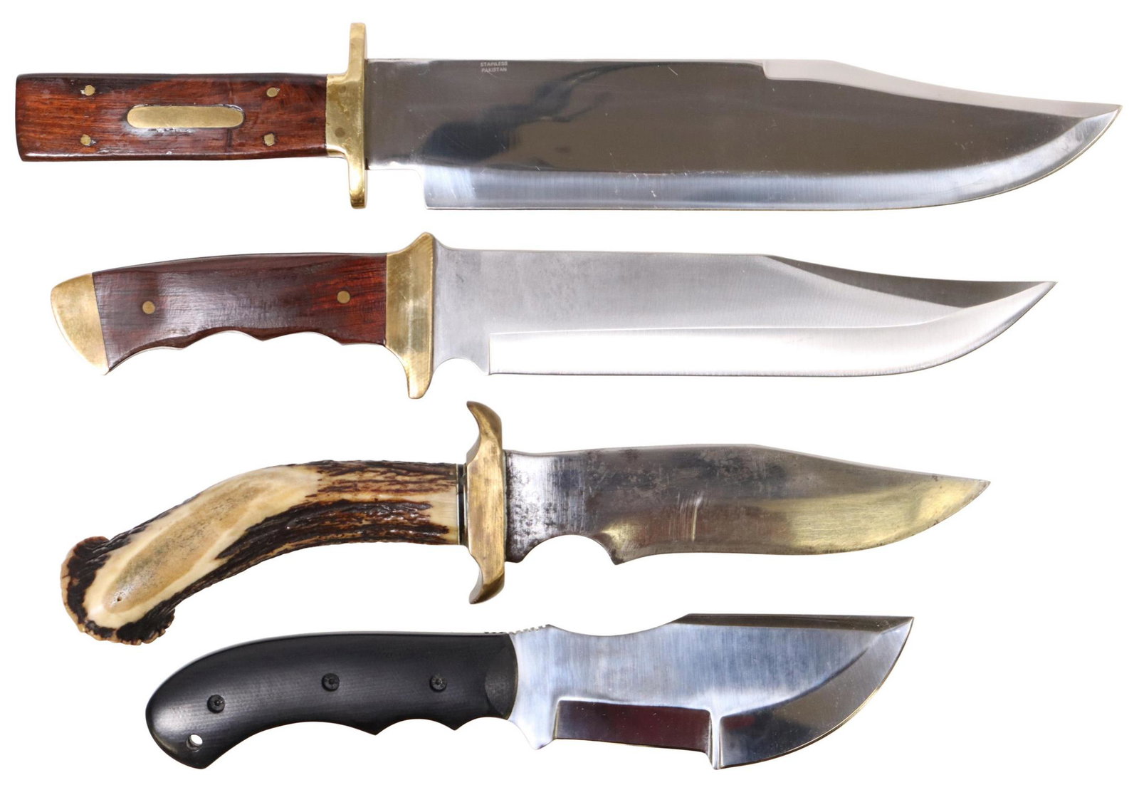 (4) FIXED BLADE KNIVES, BOWIE, PERKIN AND OTHERS: (lot of 4) Fixed blade knives, 20th/21st c.: (1) vintage Bowie knife, 6.75" unmarked blade with black spots and some scratching, brass guard, stag handle, overall 13"l; weighs 1.10lbs, appears to be g