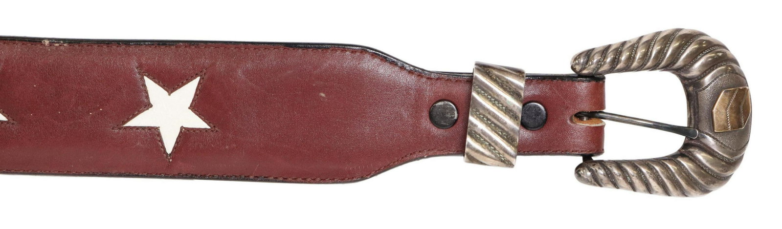 WESTERN LEATHER BELT & JM CHAL STERLING BUCKLE SET: Western leather belt, cut-out star design, with a J.M. Chal three-piece sterling silver and 14kt gold buckle set, approx 1.75"w, 40.25"l (buckle catch to first hole), approx 42"l (buckle catch to last