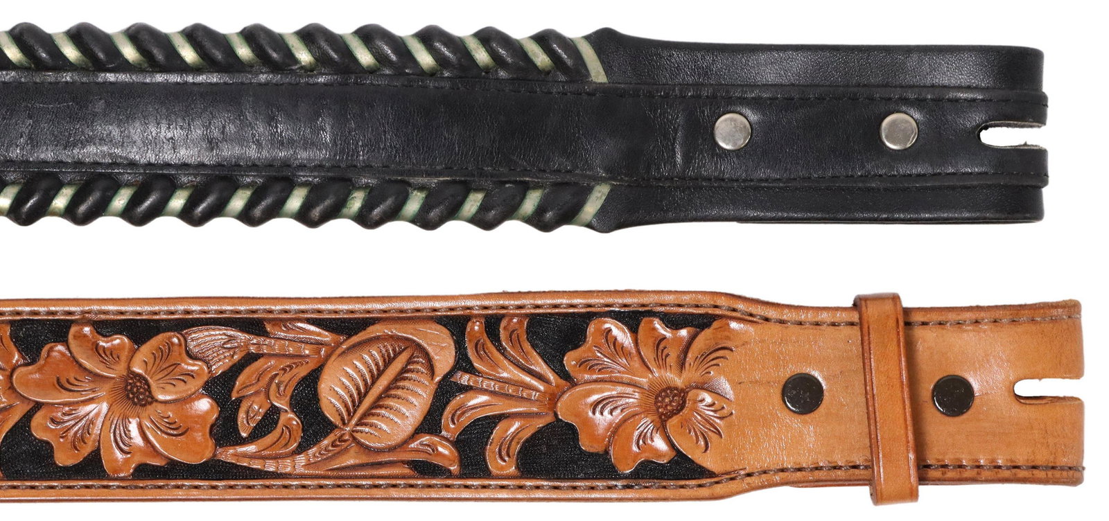 (2) BOB DELLIS & CIRCLE Y WESTERN LEATHER BELTS: (lot of 2) Western leather belts, both lacking buckles, including: (1) tooled leather belt, Bob Dellis (1928-2002), approx 1.75"w, 37.25"l (buckle catch to first hole), approx 40.25"l (buckle catch to