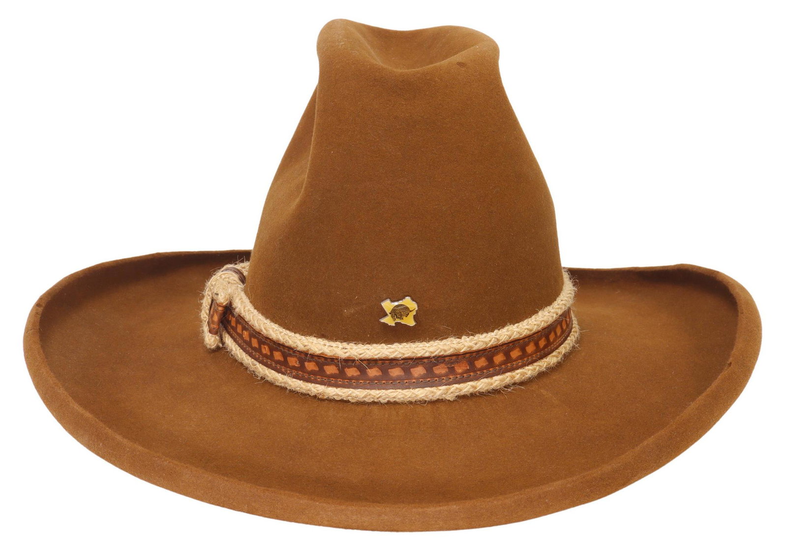 STETSON BROWN 4X BEAVER FELT COWBOY HAT: Stetson cowboy hat, retailed at Shudde Bros, Houston, Texas, brown 4X beaver felt, rope and tooled leather hatband, cream satin liner, personalized "Mike Cook" leather sweatband, front with Texas arma