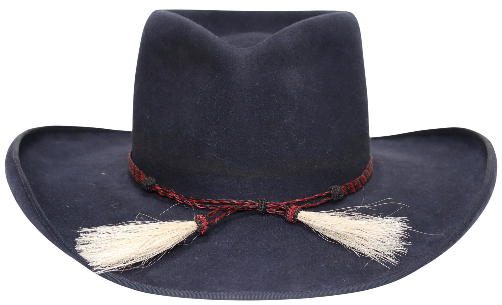 GREELEY HAT WORKS CUSTOM BEAVER FELT COWBOY HAT: Custom cowboy hat, Trent J. Johnson, Greeley Hat Works, Greeley, Colorado, navy pure beaver felt, woven horsehair hatband, white satin liner, leather sweatband embossed "custom made for Mike Cook," ap