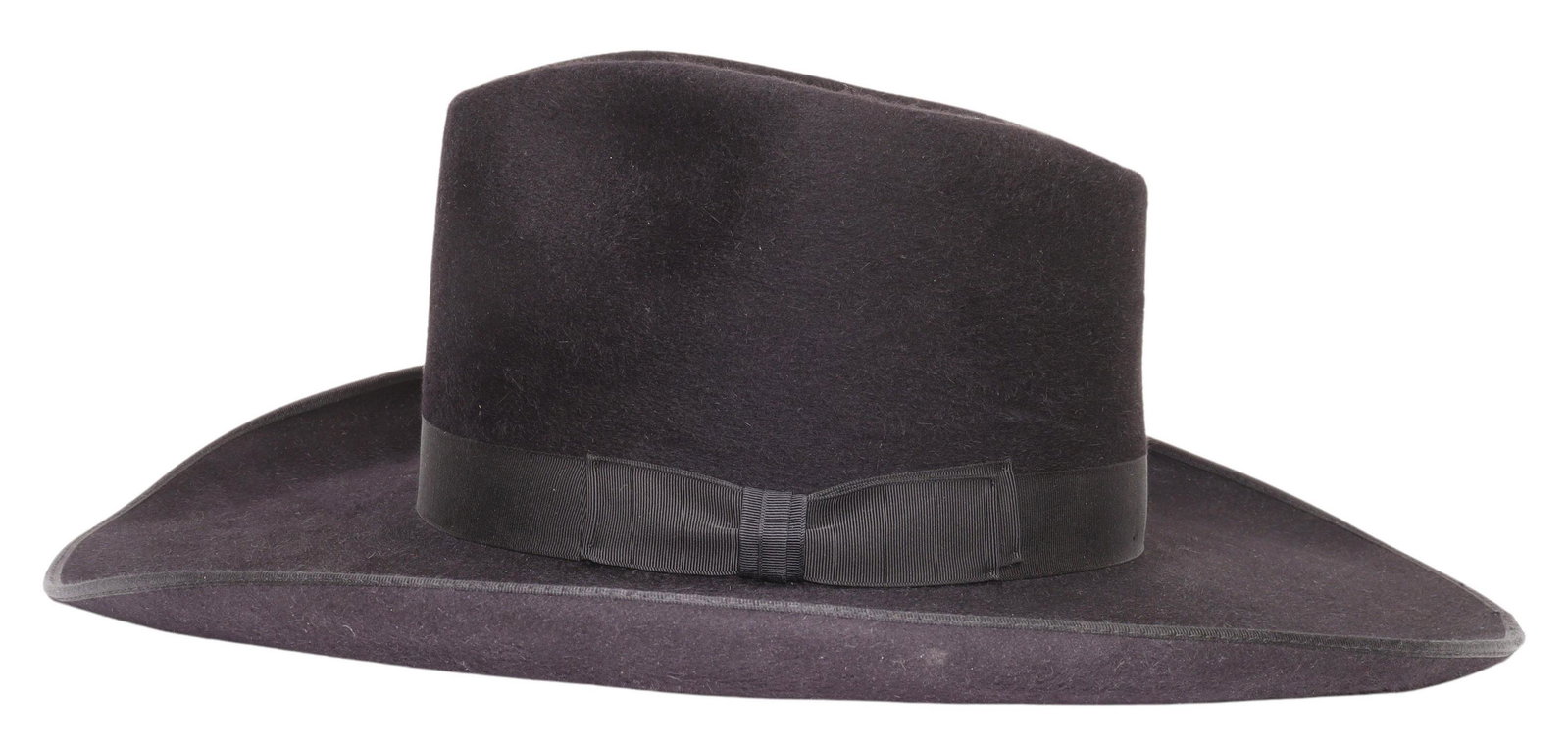 GREELEY HAT WORKS CUSTOM BEAVER FELT COWBOY HAT: Custom cowboy hat, Trent J. Johnson, Greeley Hat Works, Greeley, Colorado, black pure beaver felt, ribbon hatband, blue satin liner, tooled leather sweatband embossed "custom made for Mike Cook," appr
