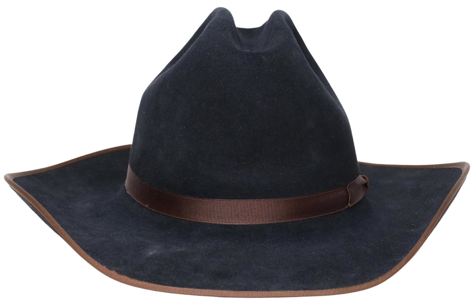 MIKE'S CUSTOM HATTERS BLACK FELT COWBOY HAT: Custom cowboy hat, Mike's Custom Hatters, Longview, Texas, black felt, contrasting brown ribbon hatband and trim, satin liner, leather sweatband embossed "custom made for Mike Cook," approx 22 1/8" ci