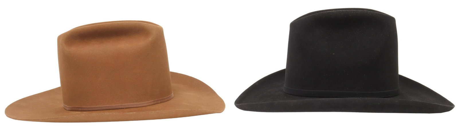 2) RESISTOL 'BLACK GOLD' & 'LAS VEGAS' COWBOY HATS: (lot of 2) Resistol cowboy hats, retailed at Cutter Bill Western World, Houston, Texas, including: (1) "Black Gold," black felt, black and embossed silver-tone buckle hatband, silk lining, personalize