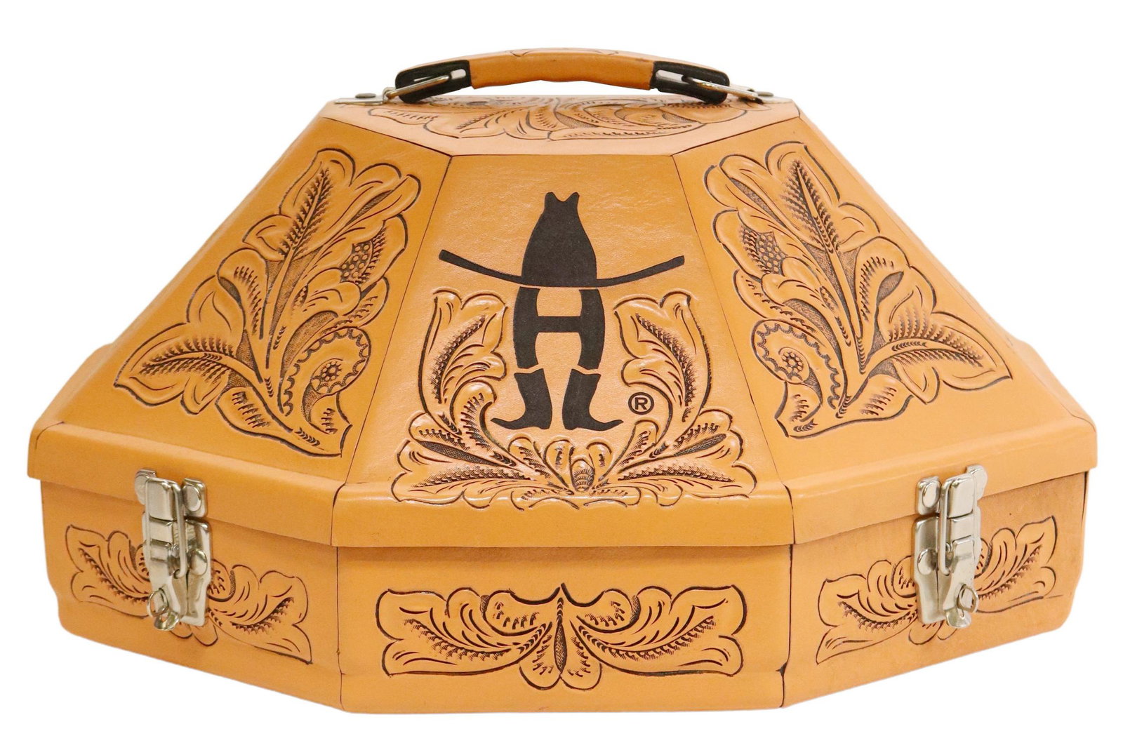 HOUSTON LIVESTOCK SHOW & RODEO WESTERN HAT CAN: Houston Livestock Show and Rodeo western hat can, covered in tooled leather panels, approx 10.25"h, 16.75"w, 15"d, 5lbs **Provenance: Estate of David Michael (Mike) Cook (1944-2021), Texas National Gu