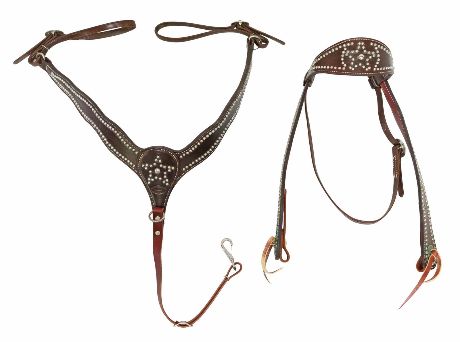 (2) PLATTE VALLEY LEATHER BRIDLE & BREAST COLLAR: (lot of 2) Western leather horse tack, Platte Valley Saddle Shop, Kearney, Nebraska, both with studded accents, silver-tone MC brand for Mike Cook, for shipping purposes only: bridle: approx 40.25"l, 
