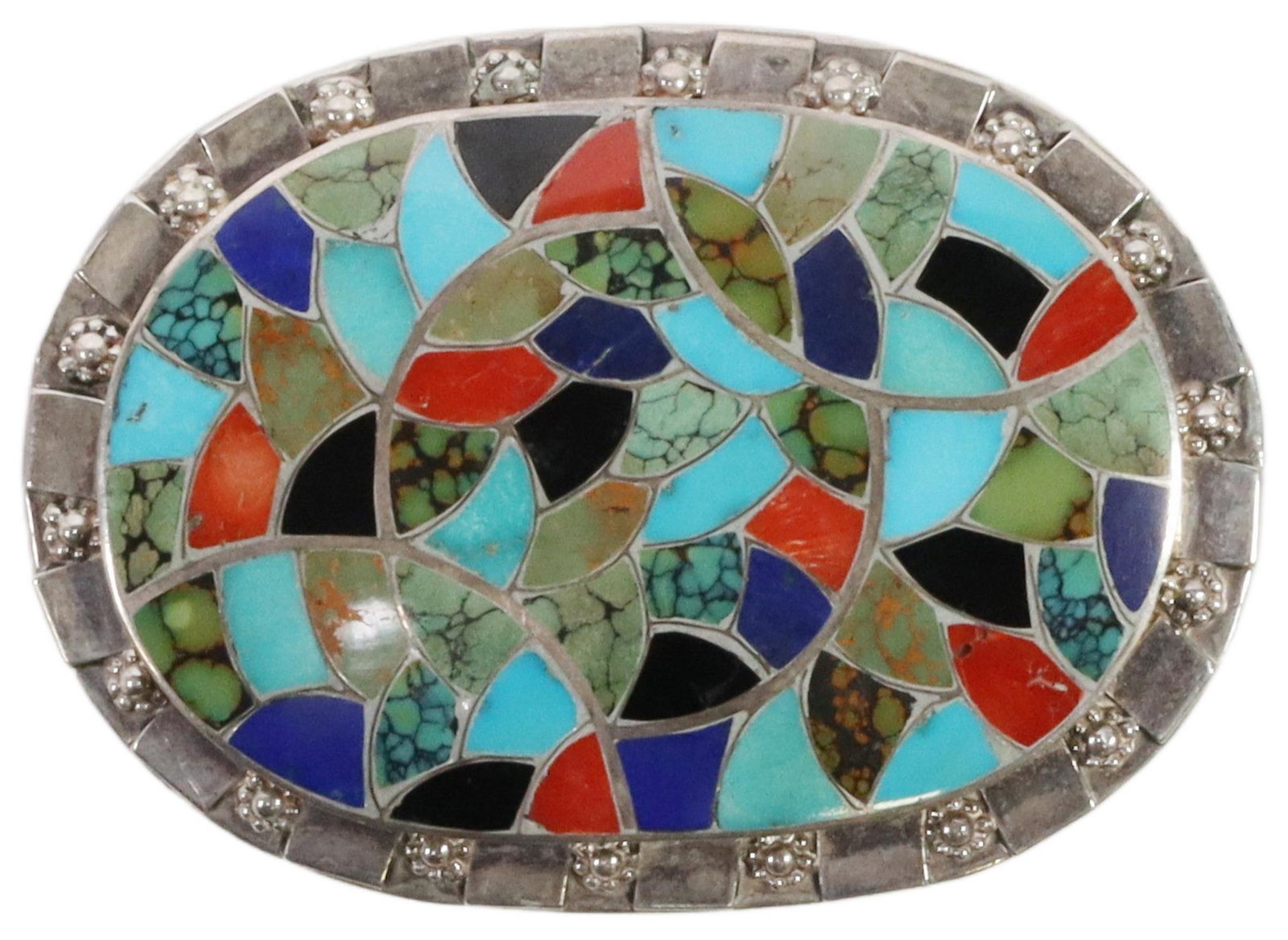 CARMICHAEL HALOO ZUNI CHANNEL MOSAIC INLAY BUCKLE: Native American silver (content unknown) belt buckle, signed C. Haloo (Carmichael Haloo), Zuni, New Mexico, with multi-stone mosaic inlay, approx 3"l, 2 1/8"w, 47 grams (inclusive of all materials) St