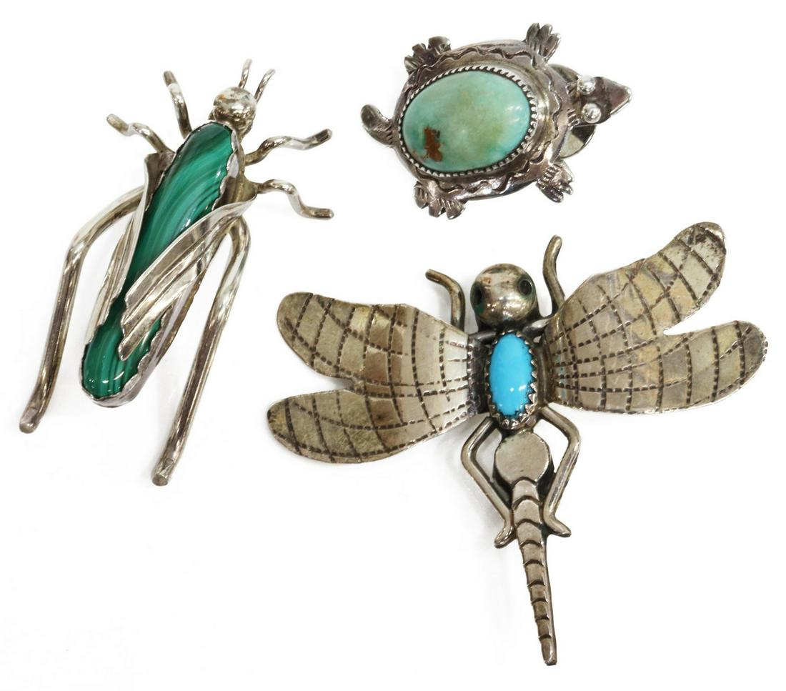 (3) NATIVE AMERICAN STERLING INSECT & TURTLE PINS: (lot of 3) Native American sterling and bezel set stone pin group, comprising: (1) turquoise set dragonfly, stamped FY (Fatoya Yazzie, Navajo), approx 1 3/4"h, 2 1/8"w; (1) turquoise turtle, engraved 