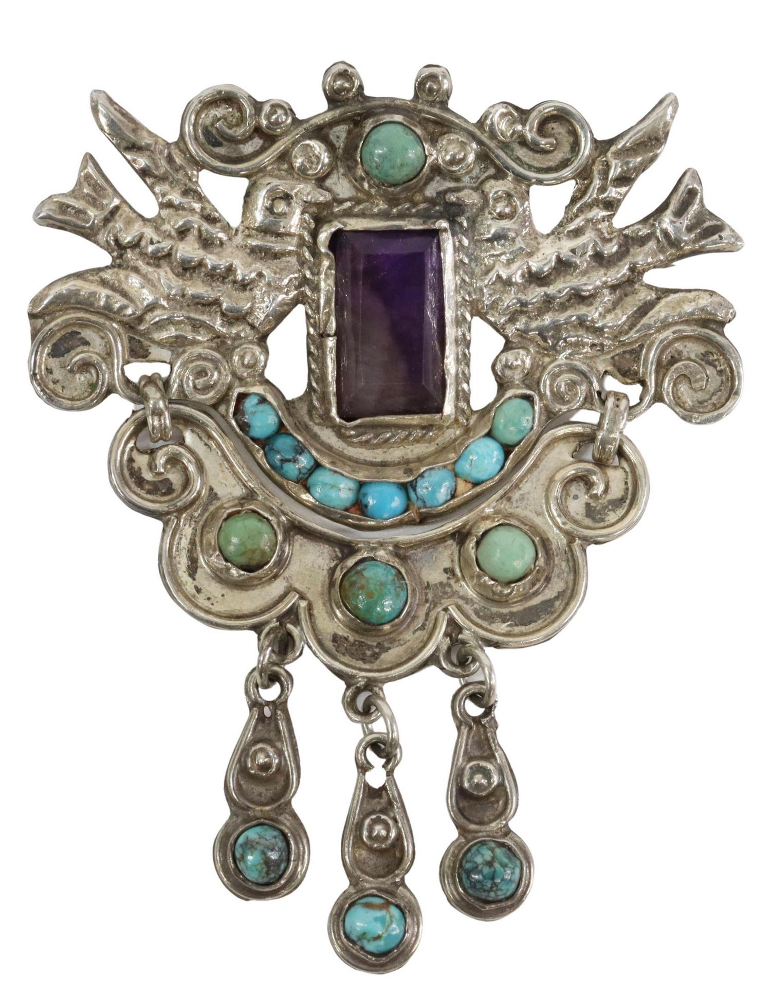 MATILDE POULAT (D.1960) MEXICO SILVER BROOCH: Sterling silver brooch/ pin, signed verso Matl (Matilde Poulat, d.1960), Mexico, having opposing birds centering purple amethyst kinetic drop, set with turquoise cabochons, approx 2.5"h, 2"w, 15 grams