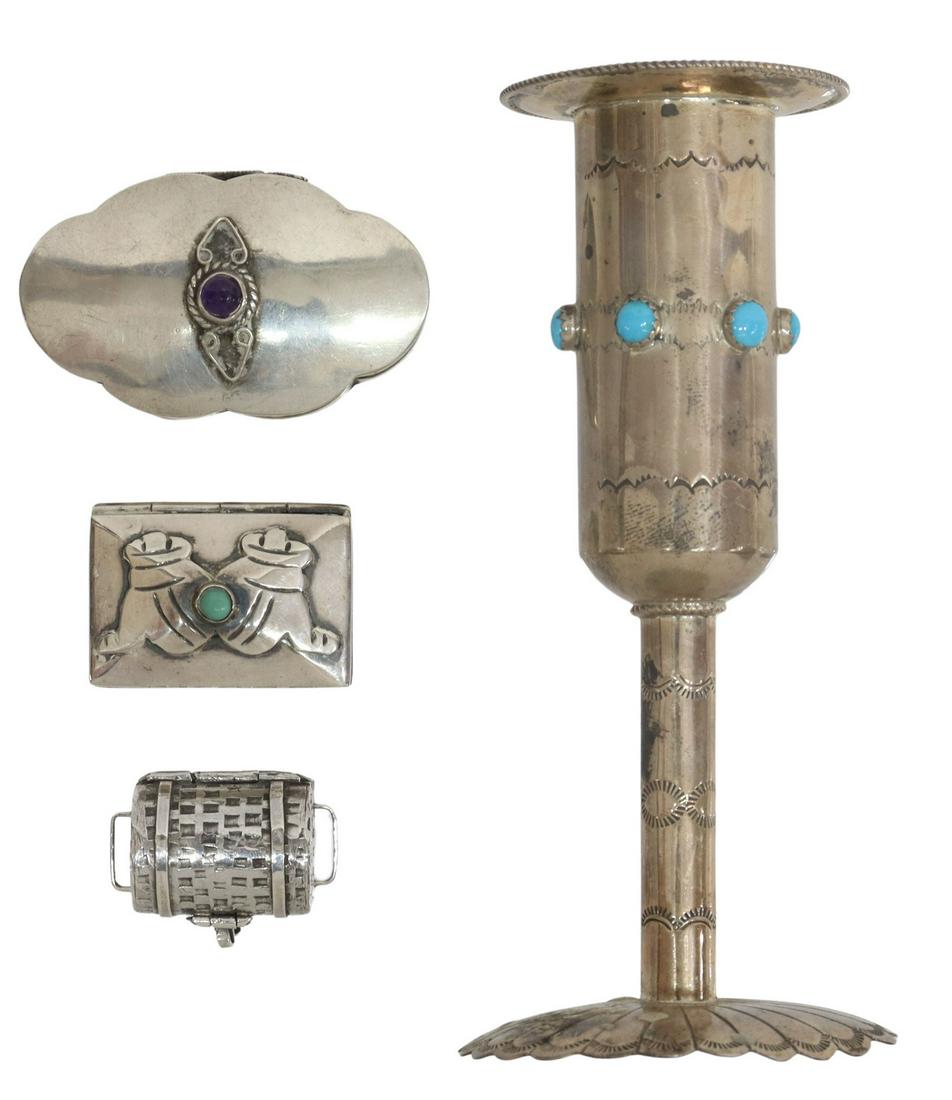 4) MEXICAN STERLING SILVER PILL BOXES, CANDLESTICK: (lot of 4) Vintage sterling silver items: (1) sterling silver candle holder, Jeffrey Castillo (Navajo/ Dine, 20th c.), with stamped designs, six bezel-set turquoise cabochons, on a scalloped foot, app