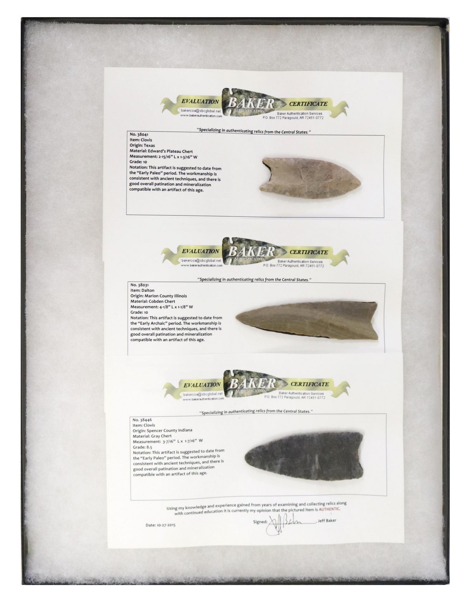 (3) ARROWHEADS, CLOVIS & DALTON, BAKER COA'S: (lot of 3) Arrowheads with COA's by Baker Authentication Services, Paragould, Arkansas: (1) Clovis point, Texas, 2.15/16"l; (1) Dalton point, Illinois, 4.1/8"l; (1) Clovis, Indiana, 3.7/16"l, all hous