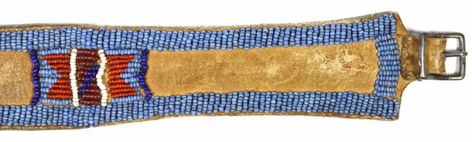 NATIVE AMERICAN CROW BEADED BELT, C. 1890-1910: Crow deer hide multi-color beaded man's belt, c.1890-1910, approx. 35"l, including buckle Start Price: $100.00