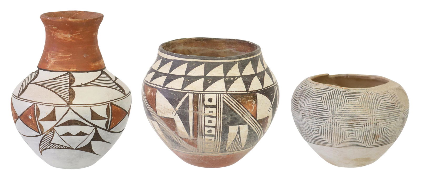 (3) NATIVE AMERICAN ACOMA POLYCHROME POTTERY JARS: (lot of 3) Native American polychrome pottery jars: (1) c.1930-1960s, marked underfoot Acoma, NM (New Mexico), black, white, and red geometric designs, approx 5.75"h, 6.5"diam; (1) c.1940-1970s, marke