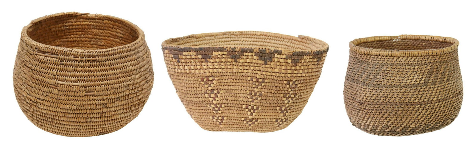 (3) NATIVE AMERICAN HAND-WOVEN BASKETS: (lot of 3) Native American hand-woven baskets, including: (1) Havasupai or Hualapai, early 20th c., some typical wear and loss to rim, approx 6"h, 7.5"diam; (1) imbricated basket, Salish, early 20th c