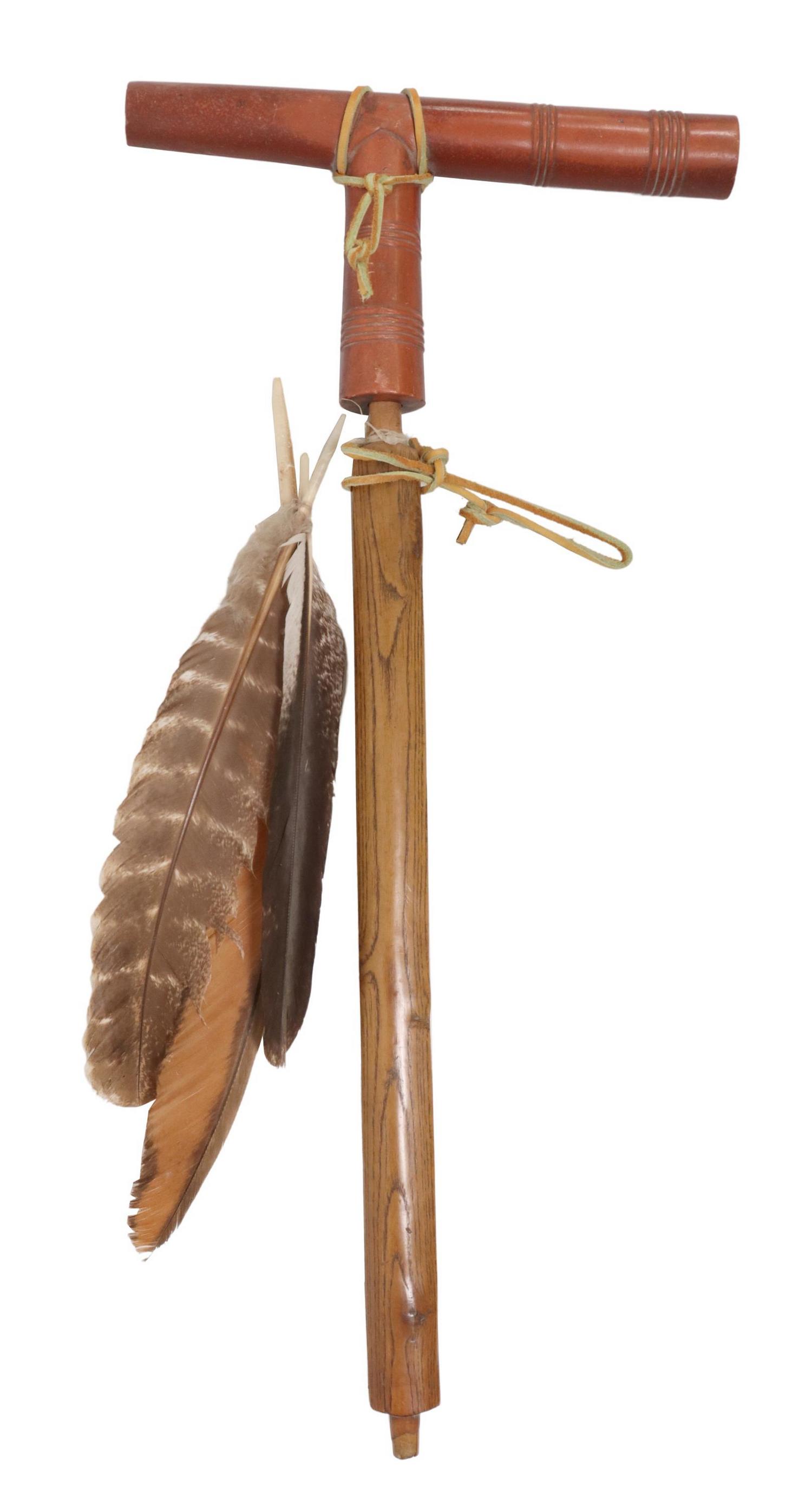 NATIVE AMERICAN SIOUX CATLINITE PIPE BOWL & STEM: Native American catlinite pipe bowl, Sioux, c.1900-1930s, carved Minnesota pipestone (catlinite), with later wood stem, catlinite: approx 4.75"h, 9"l, stem: approx 16"l**Provenance: The Dr. David Beer