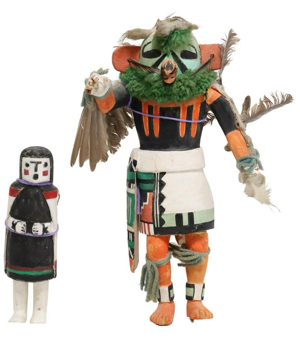 2) NATIVE AMERICAN HOPI KACHINA DOLLS, KWA & OTHER: (lot of 2) Native American carved Kachina dolls, Hopi, c.1940-1970s, polychrome painted, including: (1) Kwa/ eagle dancer, possibly by Marcus Nahee, adorned with yarn and feathers, glue restorations t