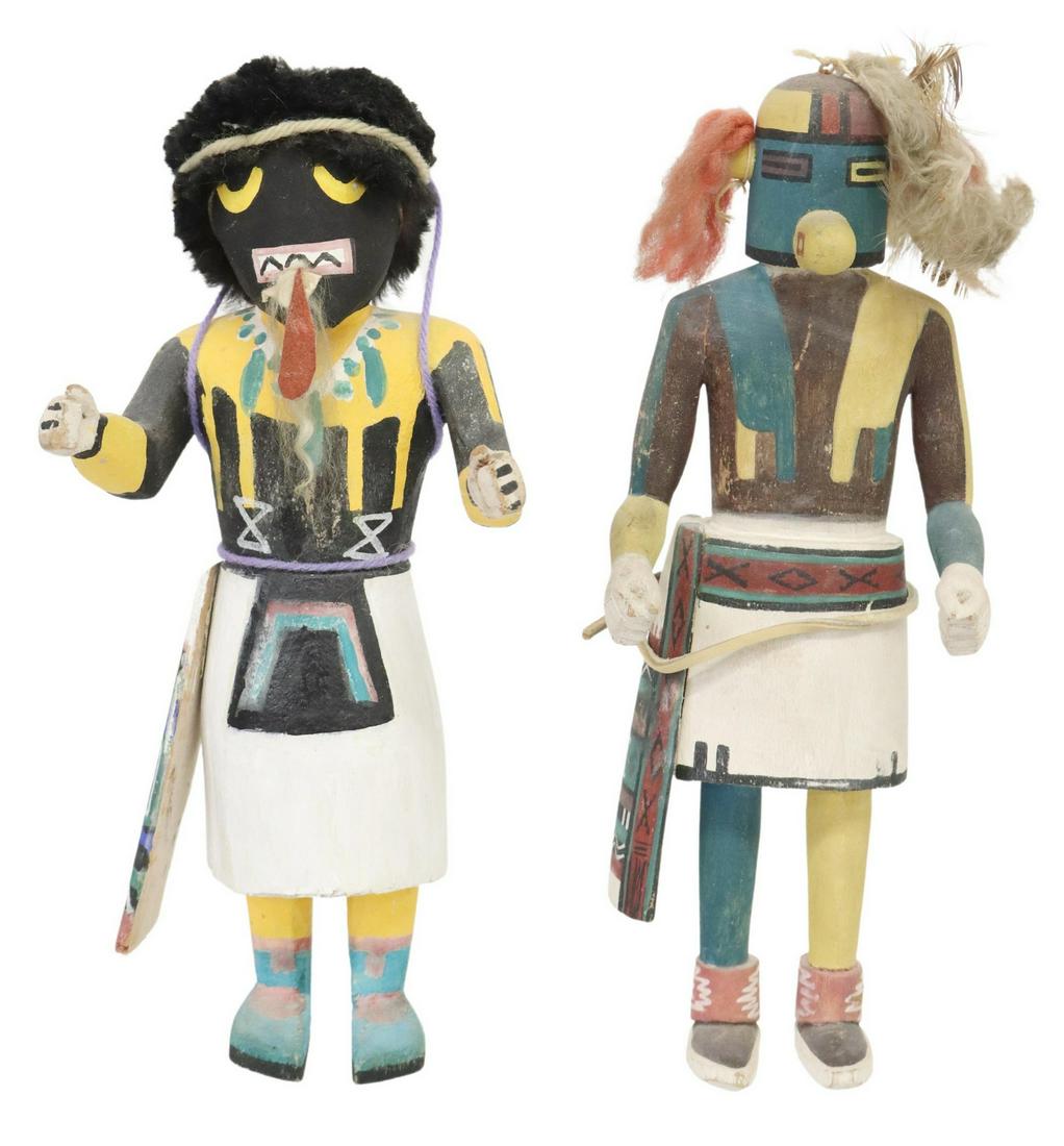 (2) NATIVE AMERICAN HOPI CARVED KACHINA DOLLS: (lot of 2) Native American carved Kachina dolls, Hopi, c.1940-1970s, polychrome painted, including: (1) adorned with yarn and hair, approx 11.5"h, 5.5"w, 5"d; (1) adorned with yarn, feathers, and leat