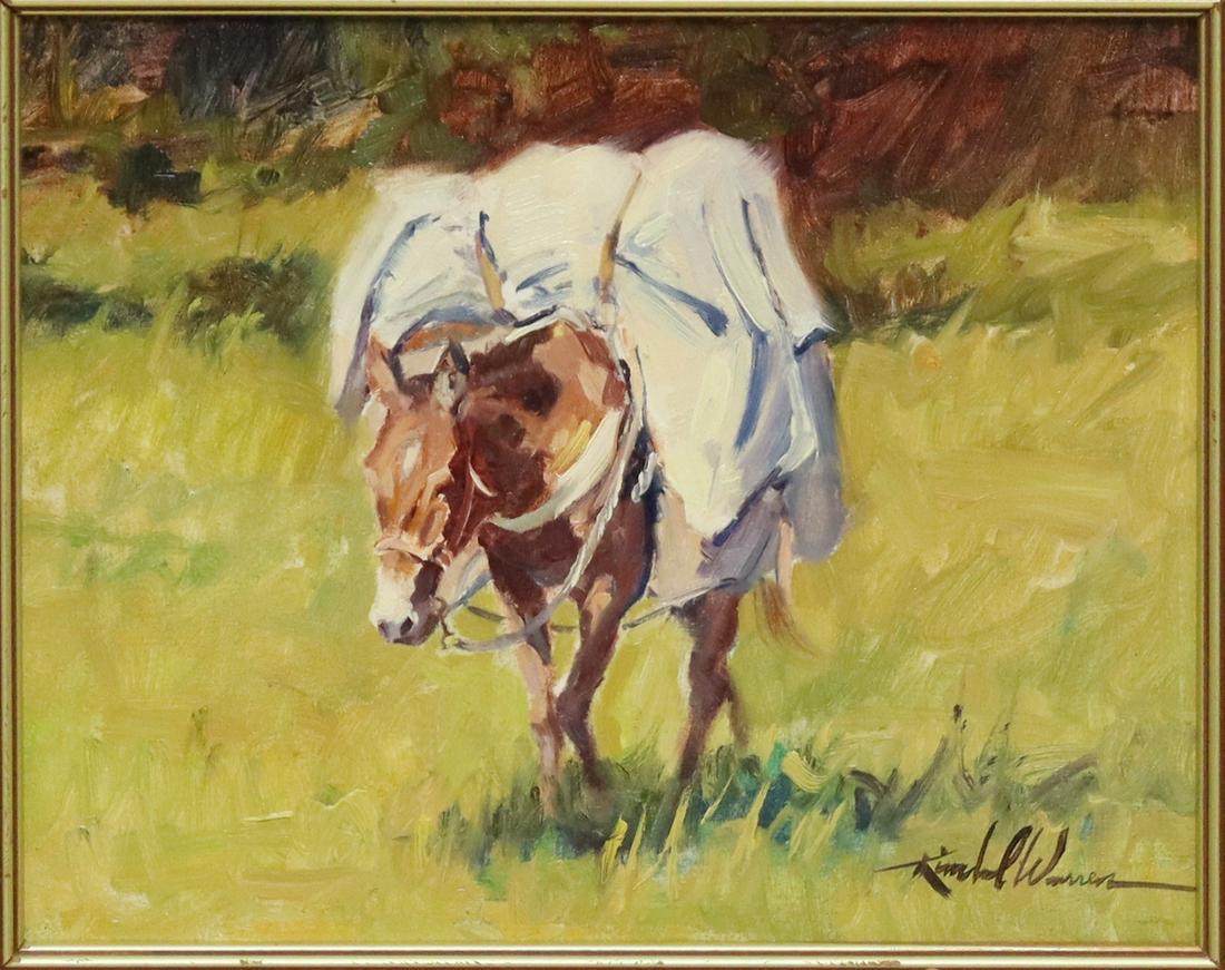 KIMBAL WARREN (B.1952) 'BURDENS' OIL PAINTING: Framed oil painting on board, "Burdens," signed lower right Kimbal Warren (Utah, b.1952), titled and signed again verso, sight: approx 7.5"h, 9.5"w, overall: approx 16"h, 18"w, 3.5lbs Start Price: $15